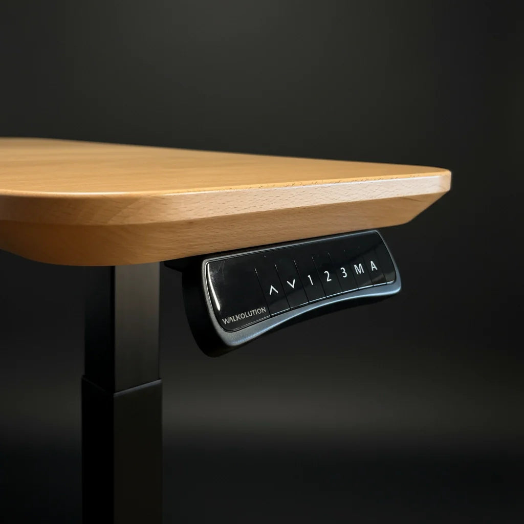 A close-up of the edge of a wooden desk with a black electronic control panel underneath, featuring numbered and arrow buttons, against a dark background. Walkolution Global