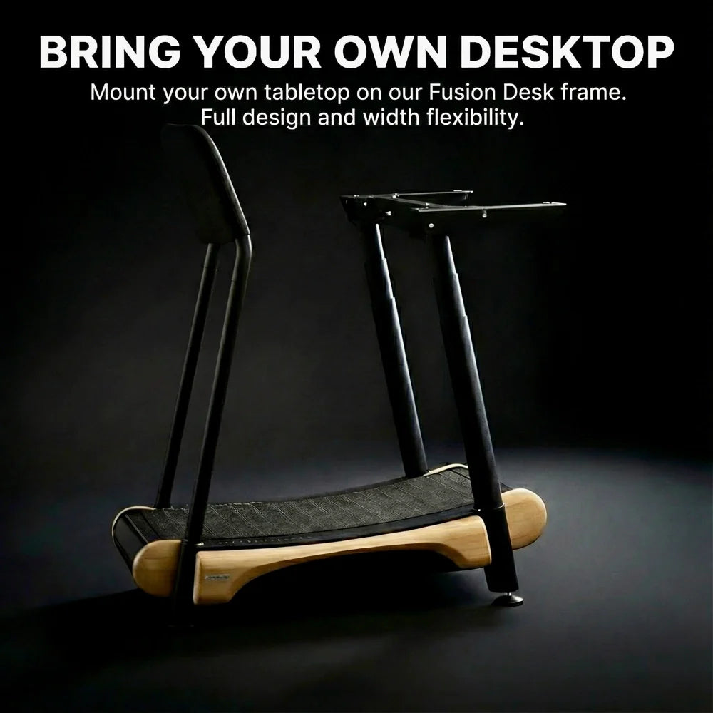 Walkolution product image with text. Mount your own tabletop on our Fusion Desk frame. 