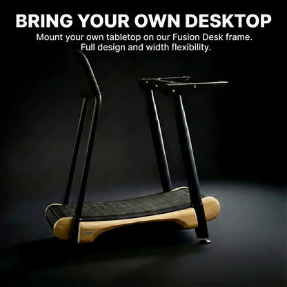 Walkolution product image with text. Mount your own tabletop on our Fusion Desk frame. 