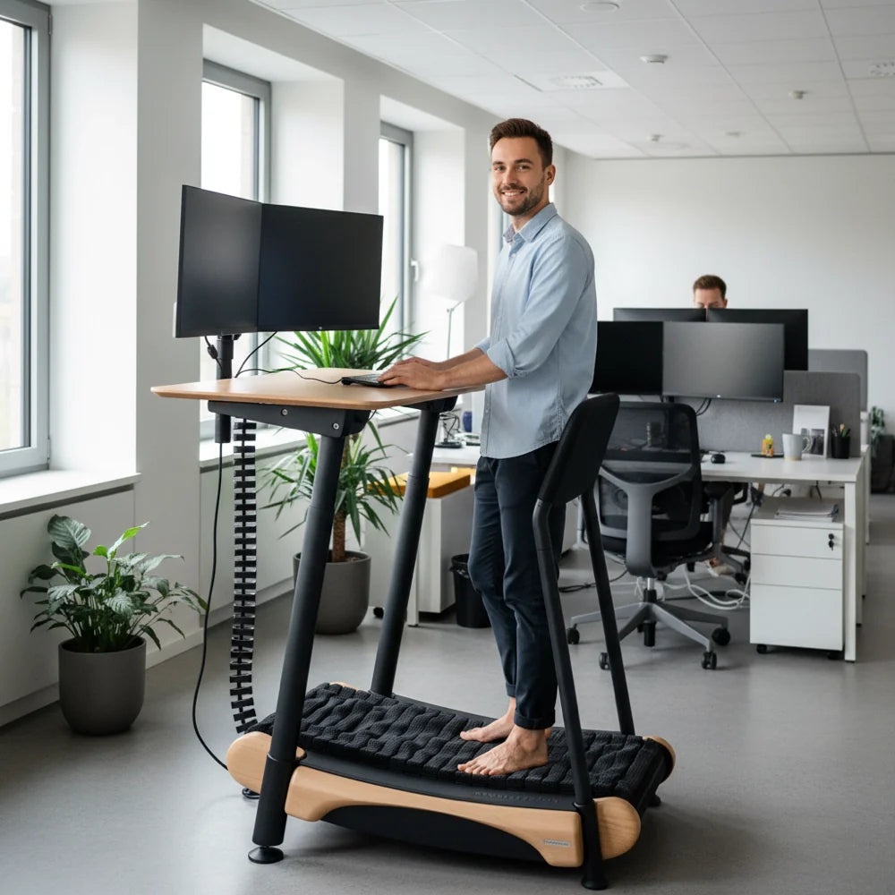A man smiles while working at a standing desk with a treadmill in a modern office. He is barefoot, looking at the camera, with computer monitors on the desk and plants beside him. Another person works in the background. Walkolution Global