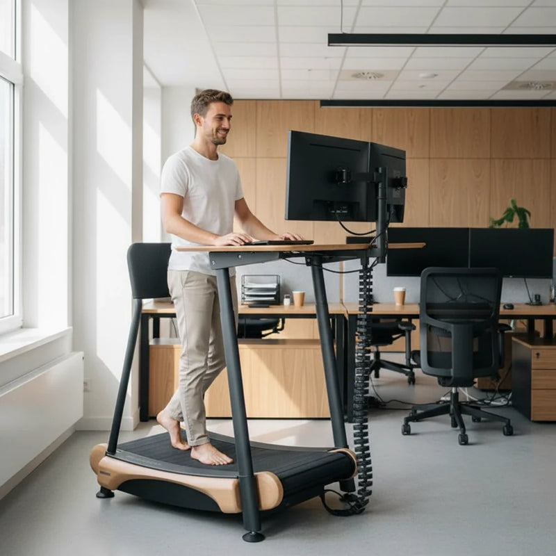 A man in a white t-shirt and beige pants works at a standing desk with a treadmill in a modern, bright office. He is barefoot and looking at a computer monitor while walking.