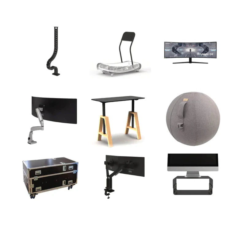 A grid of nine office and tech items, including monitor arms, a curved monitor, cable management, a treadmill, a standing desk, a round seating ball, equipment cases, and monitor stands on a white background.