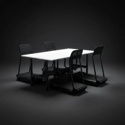The Walkolution Forum Conference Desk features a modern, minimalist white rectangular top and four black treadmill-base chairs, set against a dark background.
