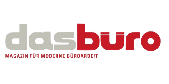 The logo for das büro features the words das büro in bold, modern font; das is in light gray and büro is in red. Below, in red, it says MAGAZIN FÜR MODERNE BÜROARBEIT.