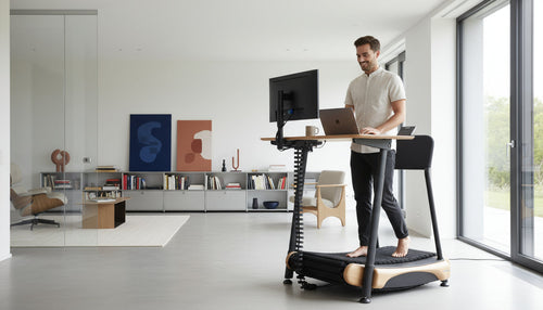 A man works on a laptop at a standing desk with a treadmill in a modern, bright home office. Shelves, artwork, and a chair decorate the minimalist space, and large windows let in natural light.