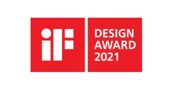 Red and white logo for the iF Design Award 2021. The left panel features the stylized iF logo, and the right panel has the text DESIGN AWARD 2021 in bold white letters on a red background.