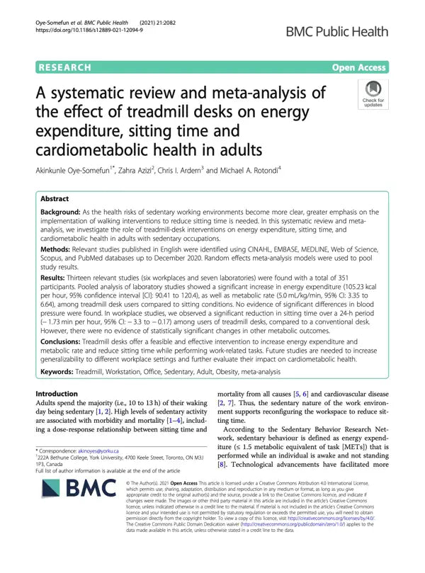 The first page of a scientific article titled “A systematic review and meta-analysis of the effect of treadmill desks on energy expenditure, sitting time and cardiometabolic health in adults,” published in BMC Public Health.