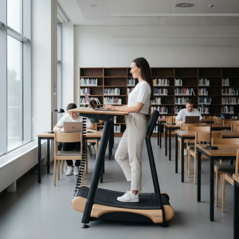 A woman works on a laptop at a standing desk treadmill in a bright library, while two people sit at tables in the background, reading and using laptops. Bookshelves line the back wall.